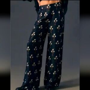 Anthropologie Black Floral Print Silk Viscose Wide Leg Pants 8